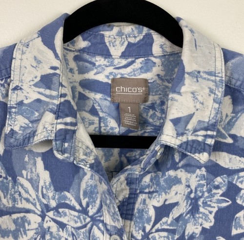 Chicos Corduroy Floral Button Down Long Sleeve Shirt Women's Size Medium Blue - Picture 2 of 6