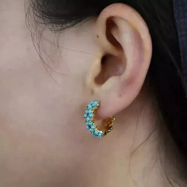 2Ct Round Cut Lab Created Turquoise Women's Hoop Earrings 14K Yellow Gold Plated - Image 4 of 4