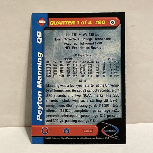 1998 Collector’s Edge Odyssey Peyton Manning 1ST Quarter Galvanized Rookie #60 - Picture 2 of 2