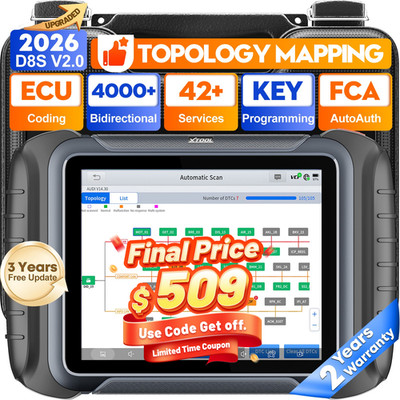 XTOOL D8S V2.0 Auto Diagnostic OBD2 Scanner ECU Coding Topo Mapping 42+ Services