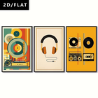 3er Leinwanddruck  Set Retro Vintage Musik Schallplatte Kopfhörer 70er