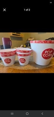 5-Piece Plastic Popcorn Bowl Set White/Red POP CORN, Large Bowl + 4 small bowls