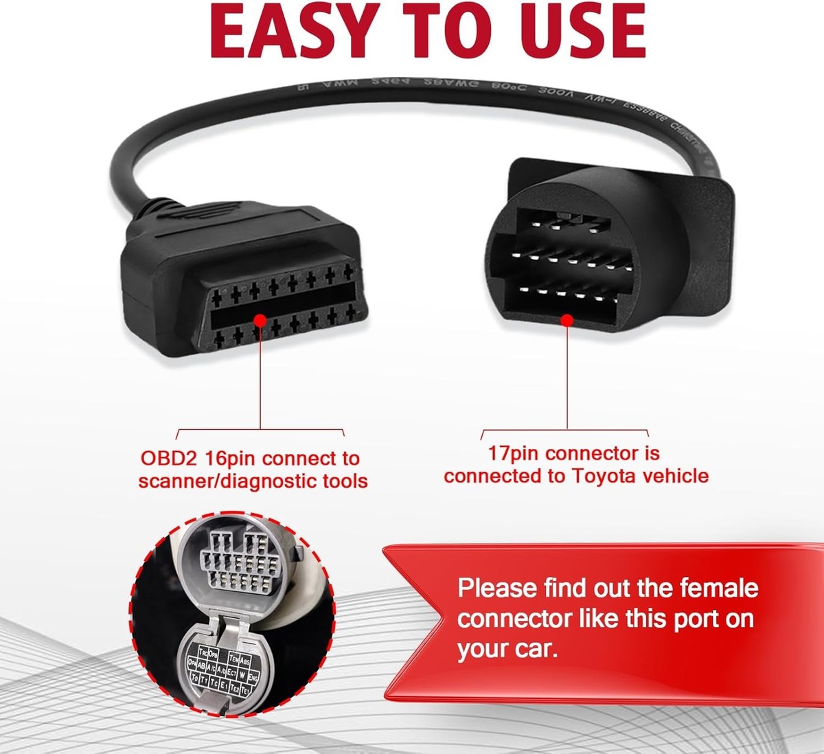 OBDII Adapter Fit for Toyota 17 Pin OBD1 to 16 OBD2 Diagnostic