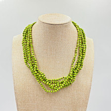 VTG Boho Multi Strand Green Seed Bead Statement Necklace with Wood Button Clasp