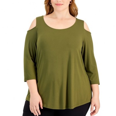 Jm Collection Plus Size 3/4 Sleeve Cold Shoulder Top Women's Size 3X Avocado