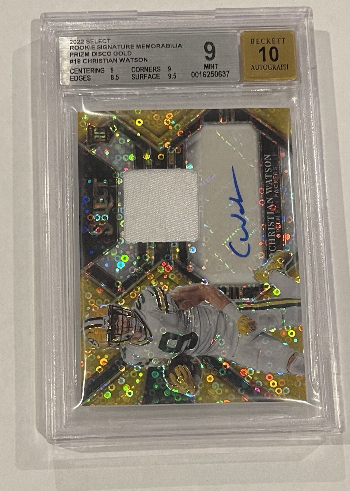 Christian Watson Panini Select Rookie Signature Memorabilia #RSMCW Gold Disco Prizm