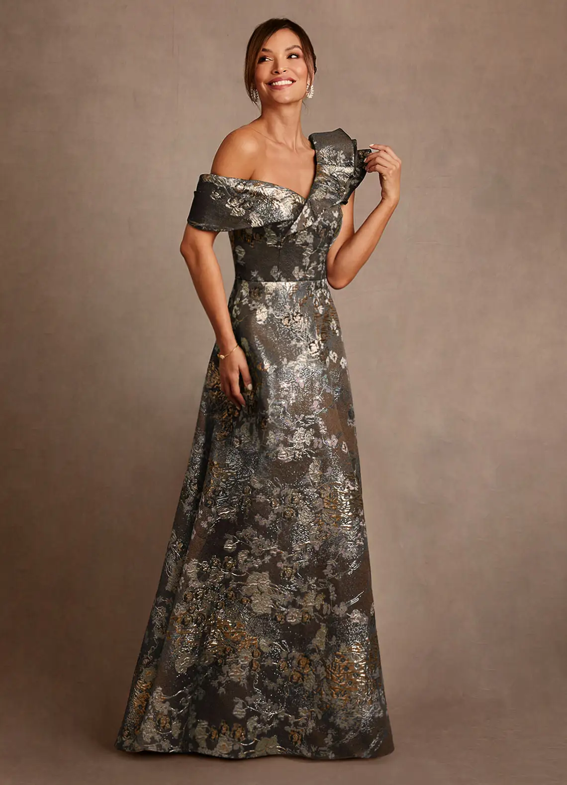 Azazie - Women's A-Line One Shoulder Floral Jacquard Dress