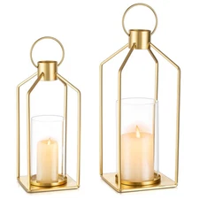 Gold Lanterns Decorative Indoor: Set of 2 Lanterns with Glass for Table Cente...