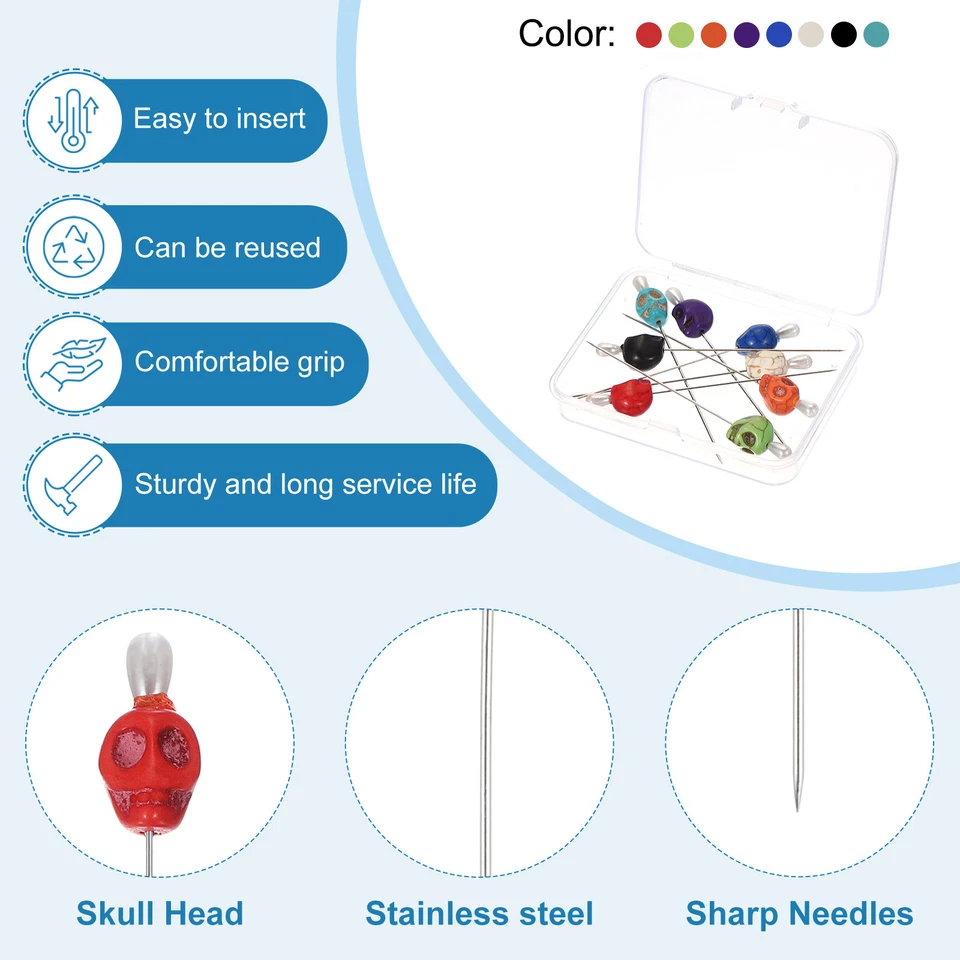 Alfileres de coser calavera de 3", 8 piezas alfileres rectos de acero, multicolor Foto 3 de 4