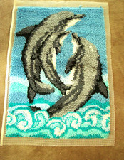 Latch Hook Rug Wall Tapestry Complete  Dolphins  39" by 27"  Nautical Fish