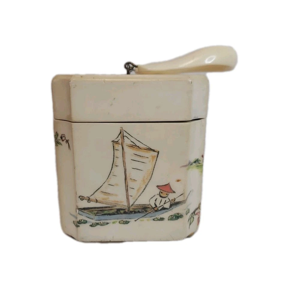 Vtg.Decoupage Rectangle Wood Purse Felt Lined Mirror Lucite Handle Oriental VGC - Image 2 of 4