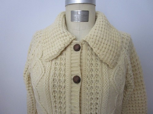 Vintage Irish Cardigan Chunky Fisherman Sweater Cable Pockets Leather Buttons, $62 - Photo 4