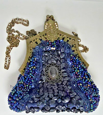 Vintage Beaded Evening Bag Black Blue Iridescent Glass Beads Ornate Frame Chain