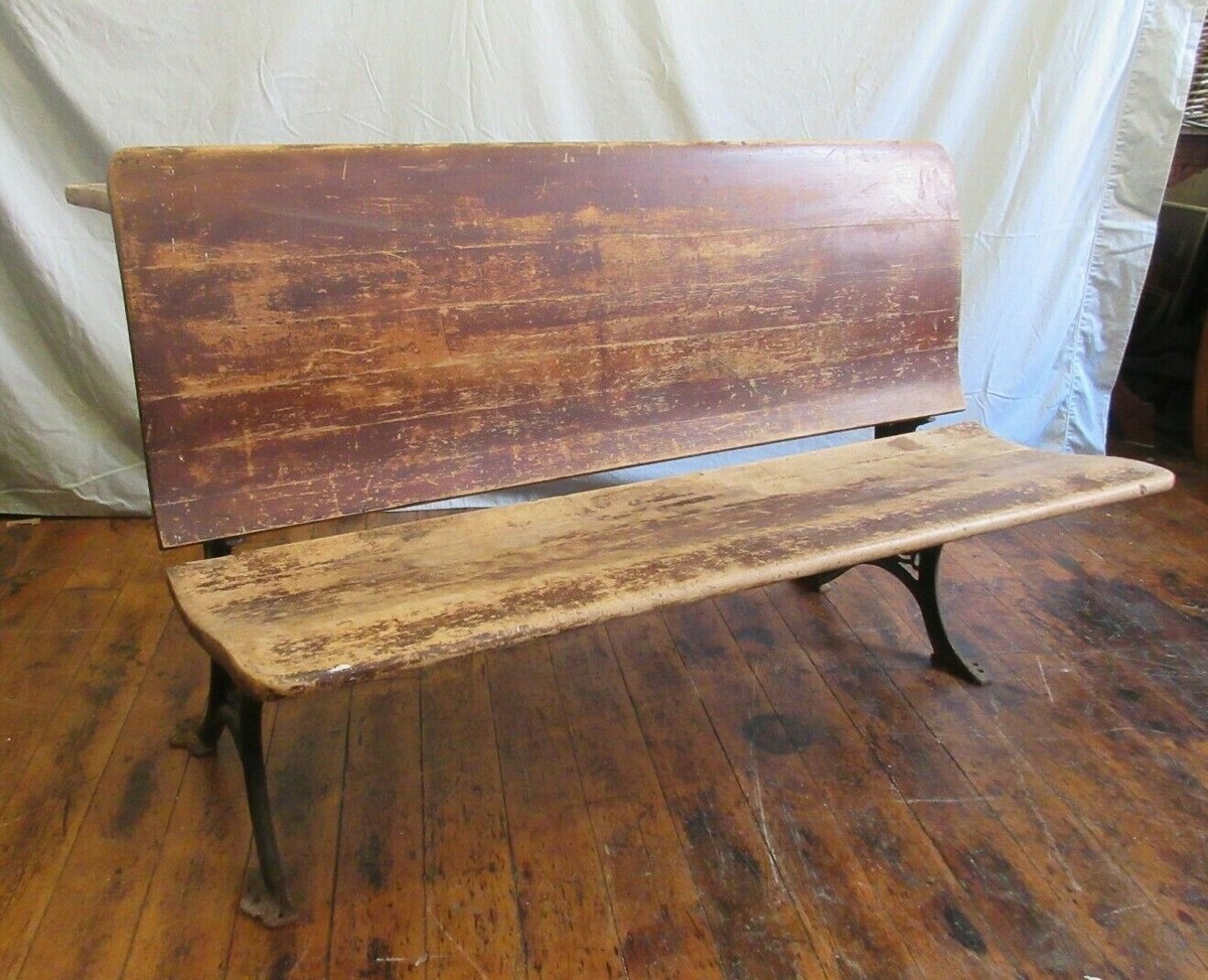 REDUCED! Antique Double School Desk Bench - wood wrought cast iron 