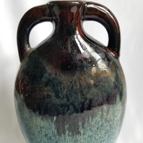 Artist signed 11” Tall Blue, G and Brown Glaze Pottery Vase Jug With Handles - Picture 5 of 8