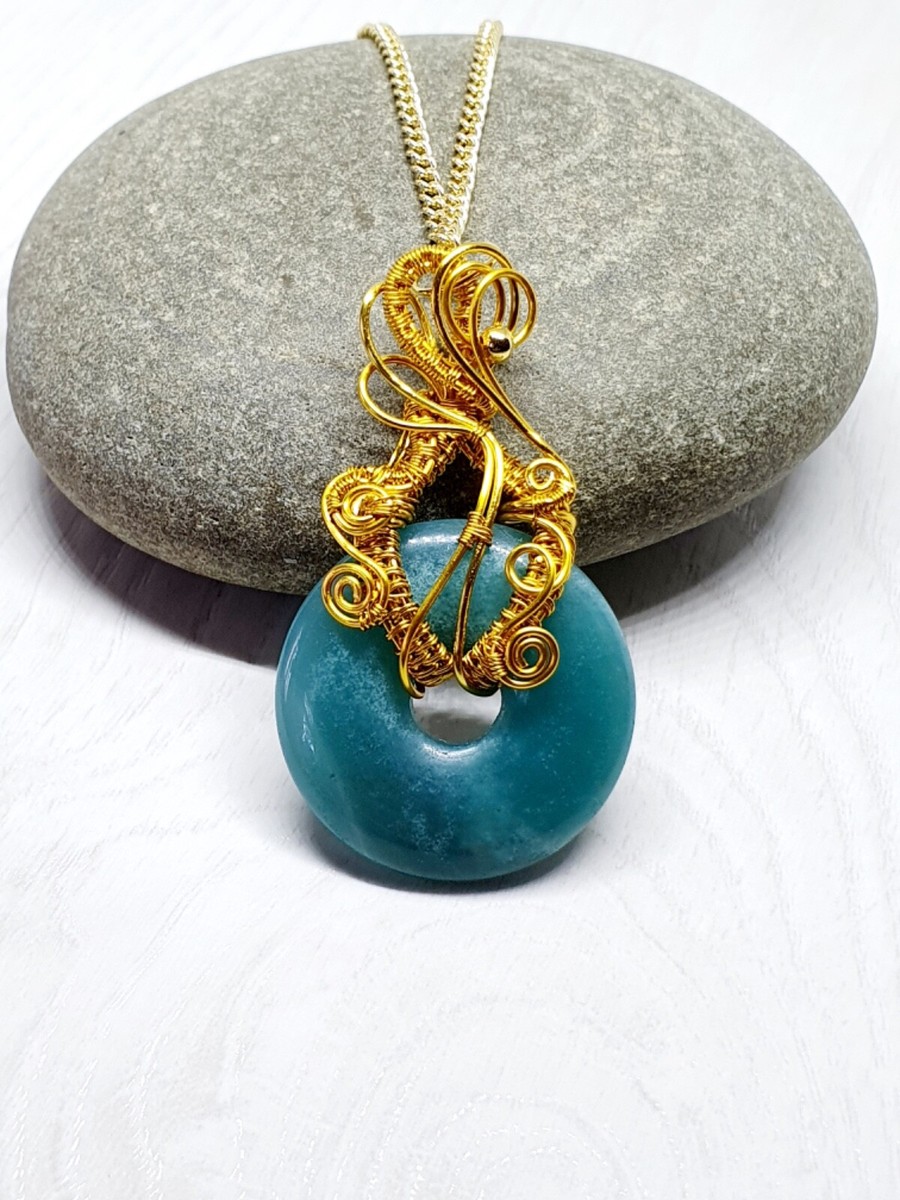 Amazonite Donut Ring Fancy Swirl Gold Wire Wrap Pendant Necklace