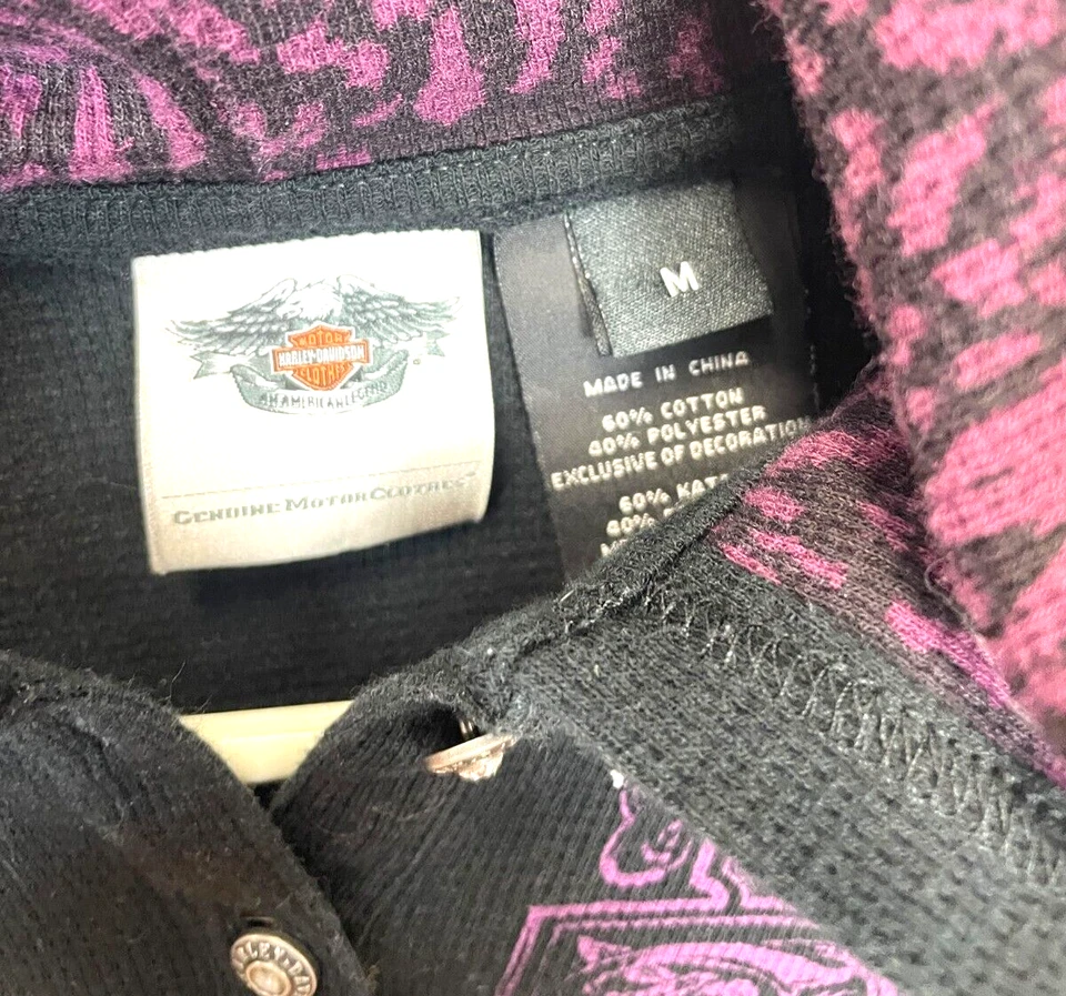 Y2K Harley Davidson Mujer Henley Talla M Animal Print Mangas Corre Pequeño Leer Foto 3 de 4