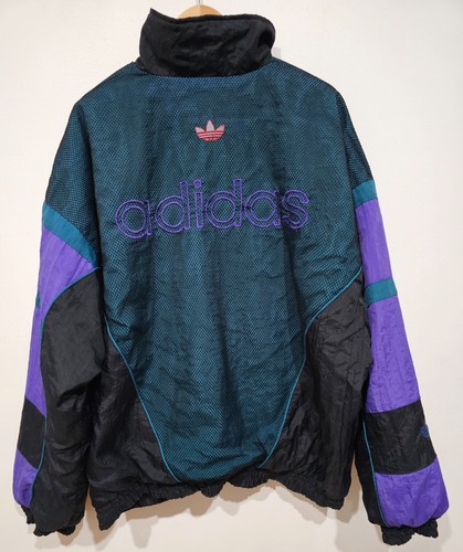 Adidas Puffer Jacket Black Purple Green Mens XL Vintage Trefoil Mesh LayerTrack