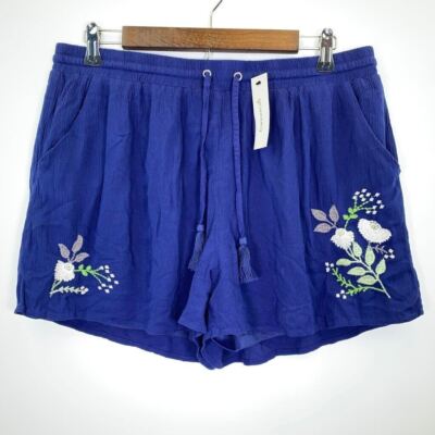 Francescas Womens Lux Shorts Navy Floral Embroidery Drawstring Lined Rayon L NEW