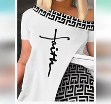 White and Black Faith Logo Women's Off Shoulder Slit Tshirt Size XL