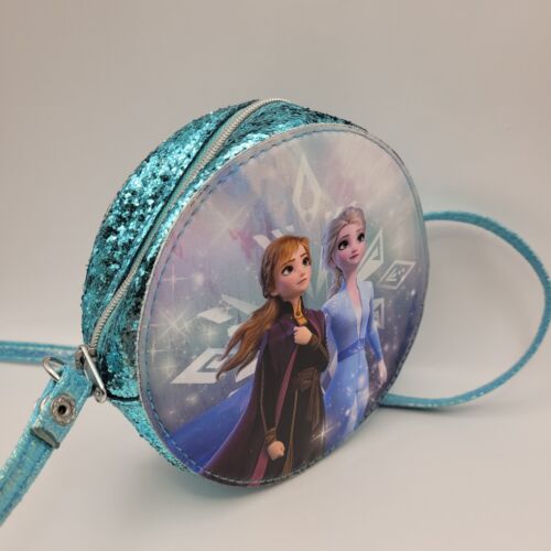 H&M Disney Frozen Purse Elsa & Anna 5" Round Child's Blue Glitter Crossbody Bag - Picture 2 of 10