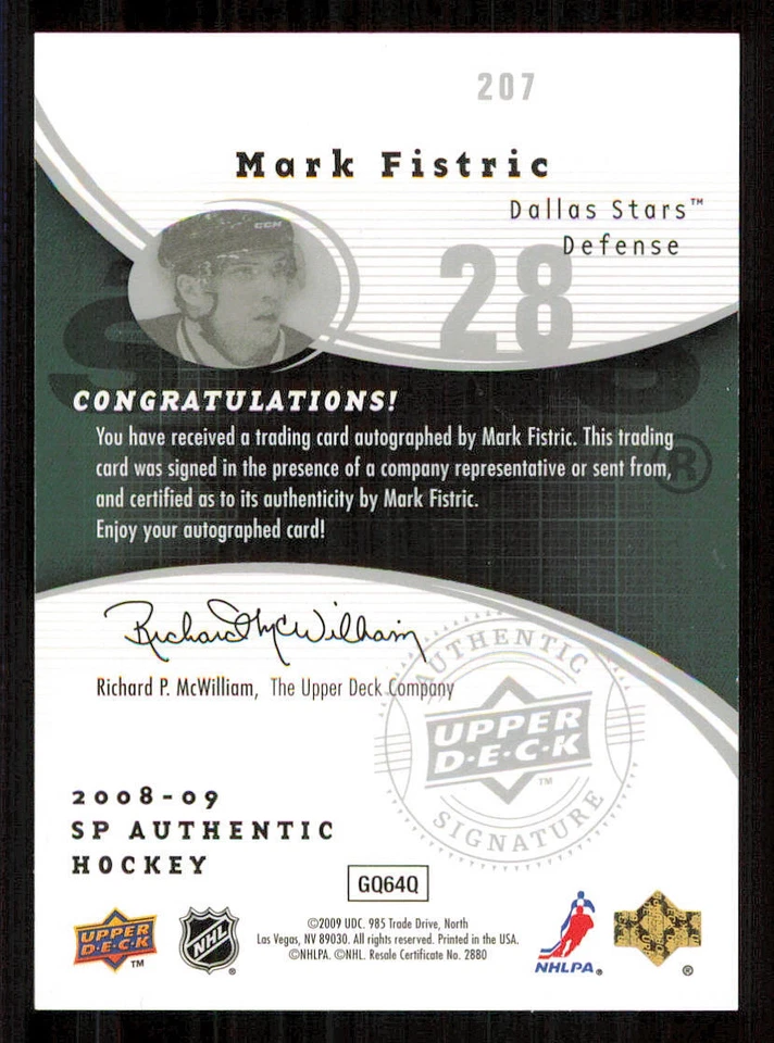 2008-09 SP Authentic #207 Mark Fistric AU RC /999 - Image 2 of 2