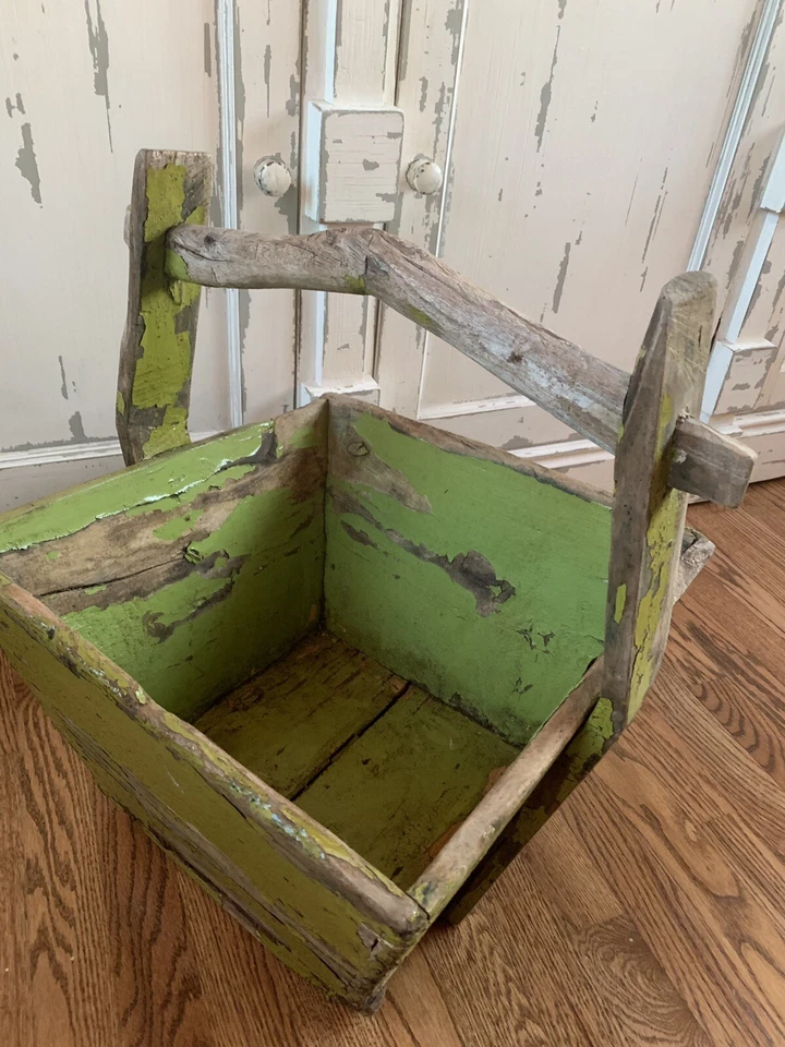 Antiguo cubo de grano con mango cuadrado verde de madera vintage decoración Foto 4 de 4