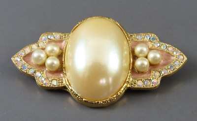 VTG 1928 Gold Tone FAUX PEARL BROOCH PIN Peach Shimmer Enamel AB