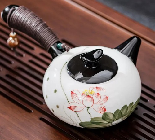 Tetera portátil Yixing Celadon con mango de madera lateral tetera pintada a mano - Imagen 3 de 4
