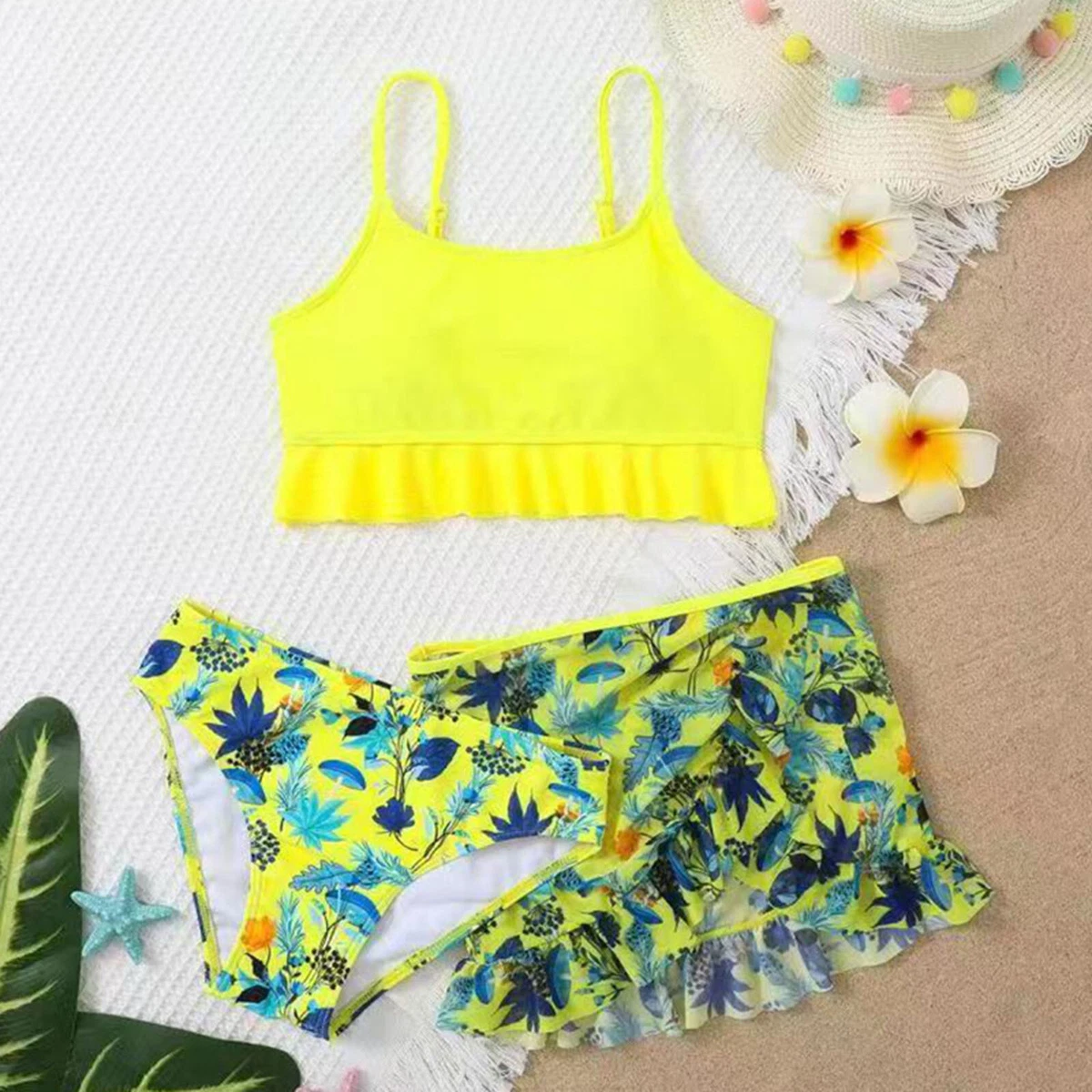 Toddler Baby Girl s 3 Piece Swimsuits Floral Yellow Bikini Bathing Suit Briefs