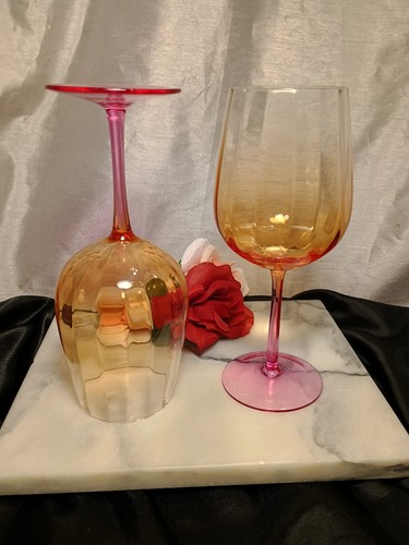 2 DuoTone Pink/Orange Ombre Optic Ripple Balloon Wine Glasses Pair Set - Picture 6 of 9