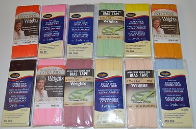 Wrights /C&C Bias Tape Double Fold -1/2'' w x 3yd- 65 Colors - Your Choice of One