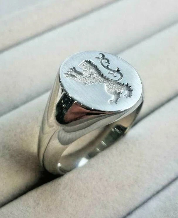 Solid Metal Men's Custom Signet Ring 14k White Gold Plated Silver - Image 2 of 4