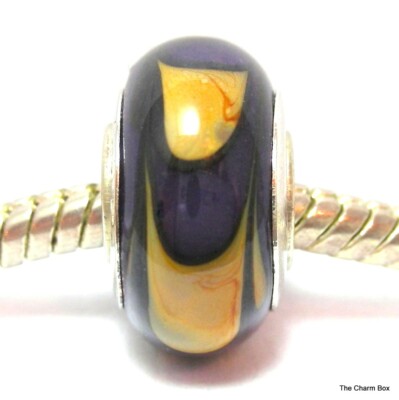 Aubergine Lila und Ocker Gelb Muster Murano Glas Europäisches Armband Perle