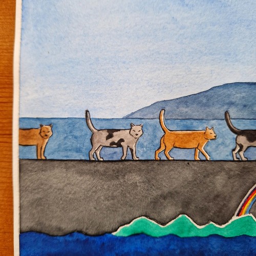 Quadro paesaggio marino arte originale dipinto gatto pittura acquerello - Foto 6 di 8