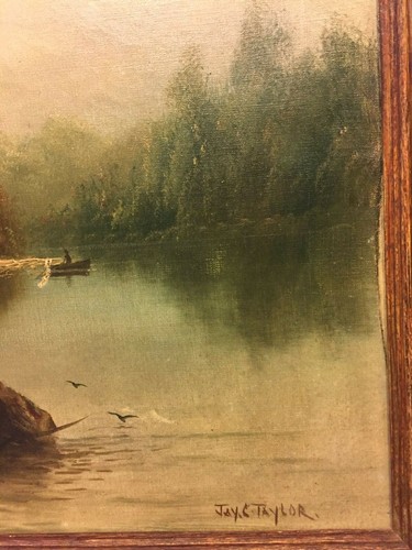 Óleo temprano sobre lienzo de arroyo con árboles en escena de pesca de banco por J Taylor - Imagen 10 de 11