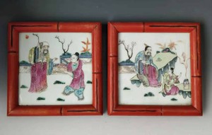 Pair of Antique Chinese Export Famille Rose Porcelain Plaque or Tile Framed