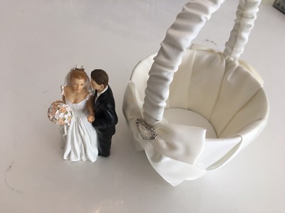   Blond Hispanic wedding couple figurine cake topper & Ivory petal basket