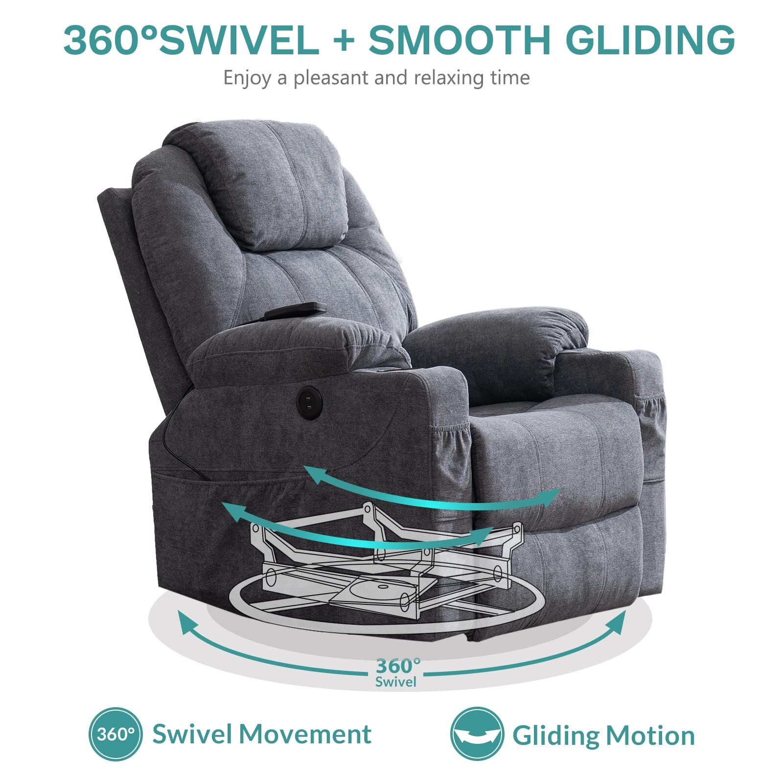 Massage Recliner Chair Swivel Rocker Glider Heated Rocking Recliner W/ USB Ports