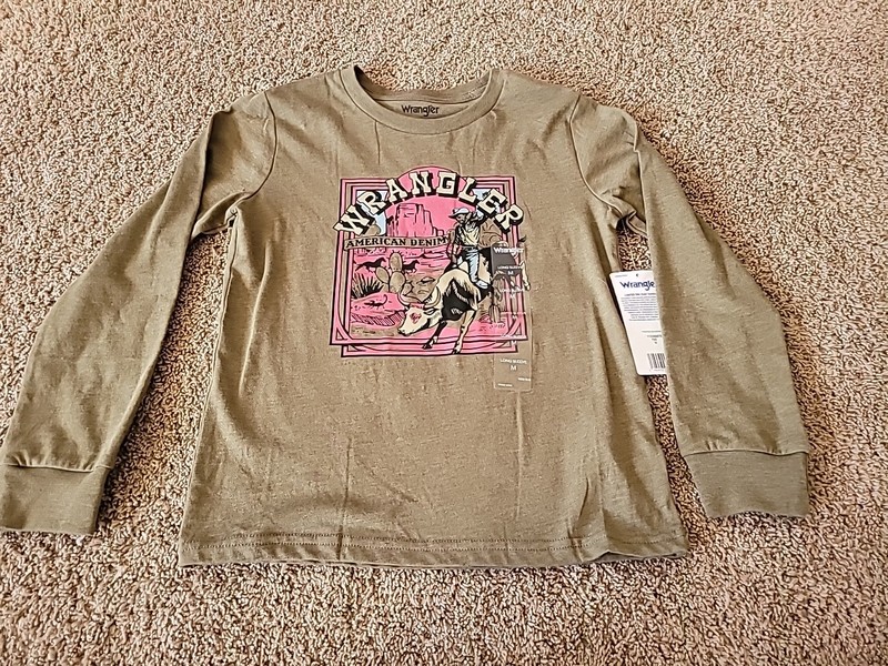 WRANGLER GIRLS' Sz MEDIUM Bull Rider LOGO LONG SLEEVE GRAPHIC SHIRT NEW W TAGS
