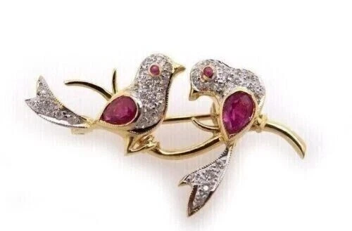 Impresionante Broche Pin Pájaros 1.80 Ct Corte Pera Rubí Simulado Chapado en Oro Amarillo 14k Foto 2 de 4