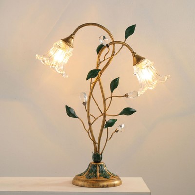 Glass Table Lamp, Antique Flower Decorative Bedside Desk Lamp with Green Leaf...