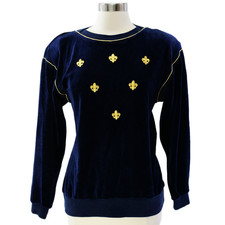 80s Vintage Velour Fleur De Lis Sweatshirt Womens M Blue Gold Embroidered Top
