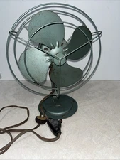 Vintage 1936 Green Carleton Hartford Metal Osilating Table Fan Works! 12”x10”