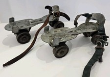 Vintage Metal Adjustable Roller Skates with Leather Straps   Mid-Century...
