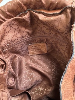 Vintage Fossil Tan Leather Rucksack Backpack Drawstring Buckle Pockets Key Charm Fossil Medium Backpacks for Women for sale | eBay main image 3