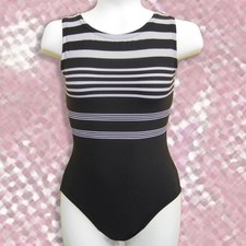 Gymnastics leotard Girls sz CS Child 6 Black lt. grey horizontal stripes NEW leo