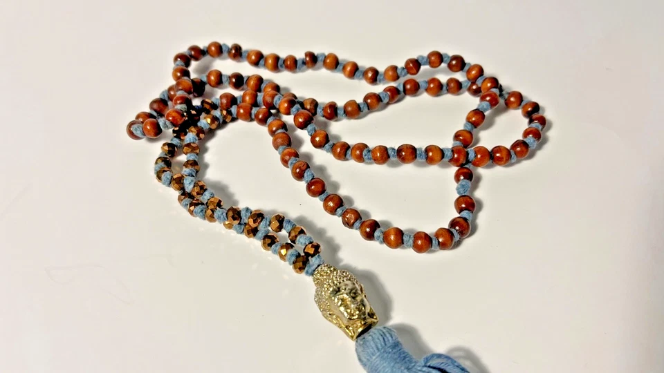 BIG HEAD BUDDHA Prayer Beads Necklace Tassel natural wood GRAY TASSEL Periwinkle - Image 2 of 4