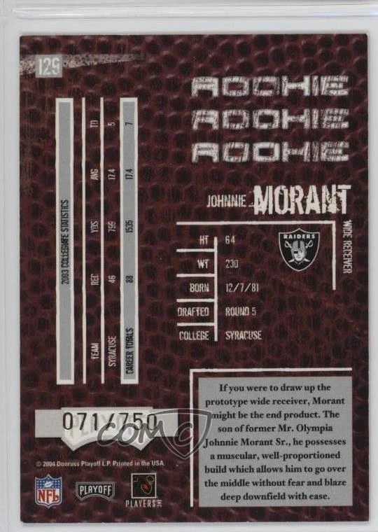 2004 Playoff Hogg Heaven Rookie /750 Johnnie Morant #129 Rookie RC - Image 2 of 2