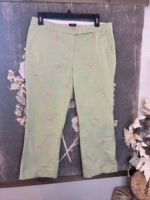 J. Crew Stretch Green Gingham Pink Flamingo Embroider Capri Crop Pants Low Fit 8